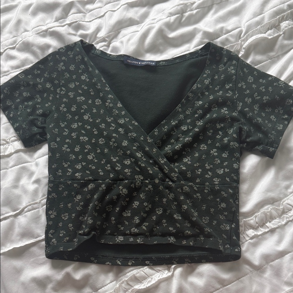 Brandy Melville Floral Wrap Top in Dark Green